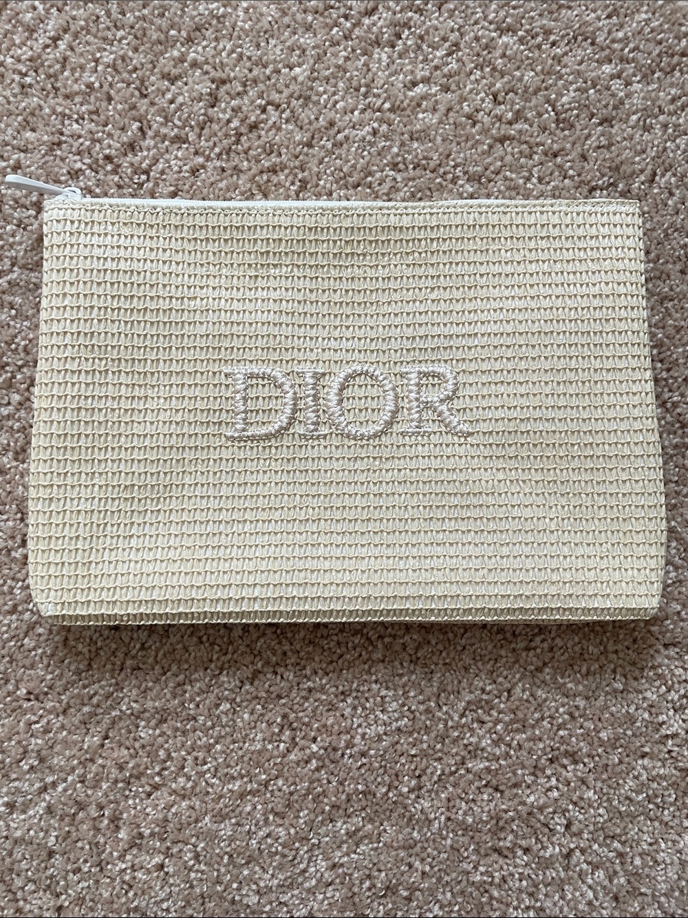 Authentic Dior Large Raffia Cream Textured Zip Cosmetic Pouch